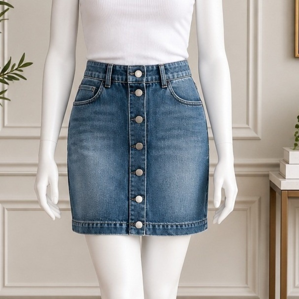 H&M Women Denim Mini Skirt Button Front Medium Wash Blue Size 4